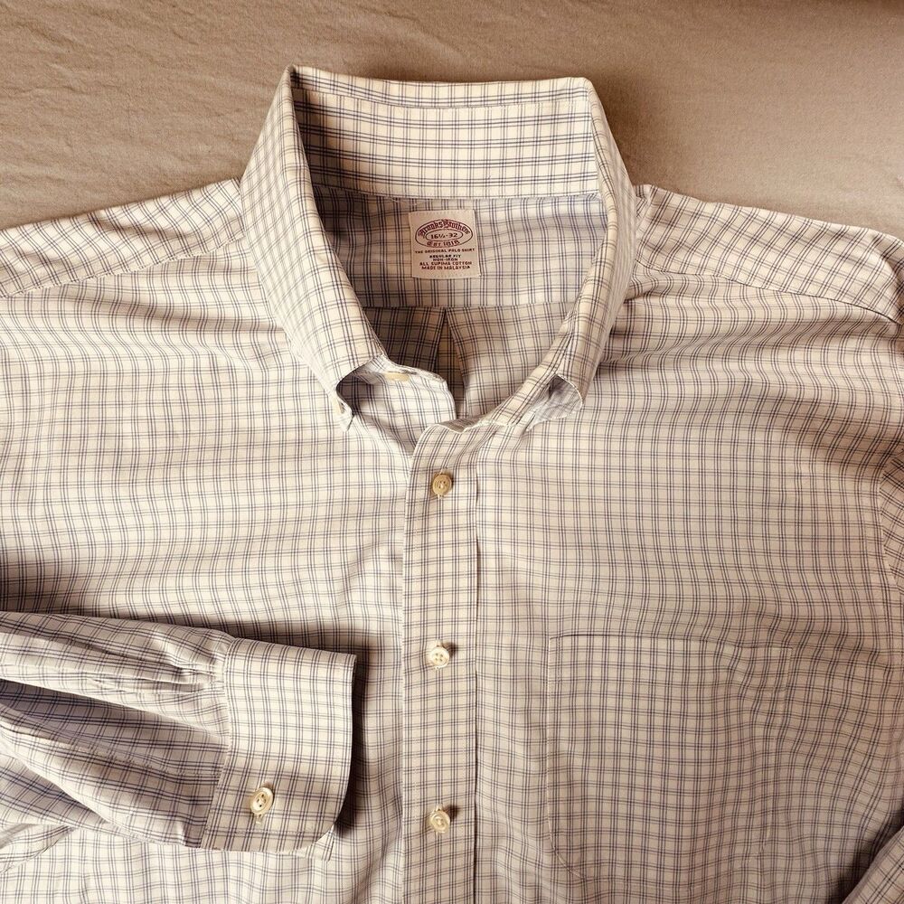 Brooks Brothers Mens 16 1/2 32 Blue Plaid Dress Shirt Non Iron Regular Fit Pima
